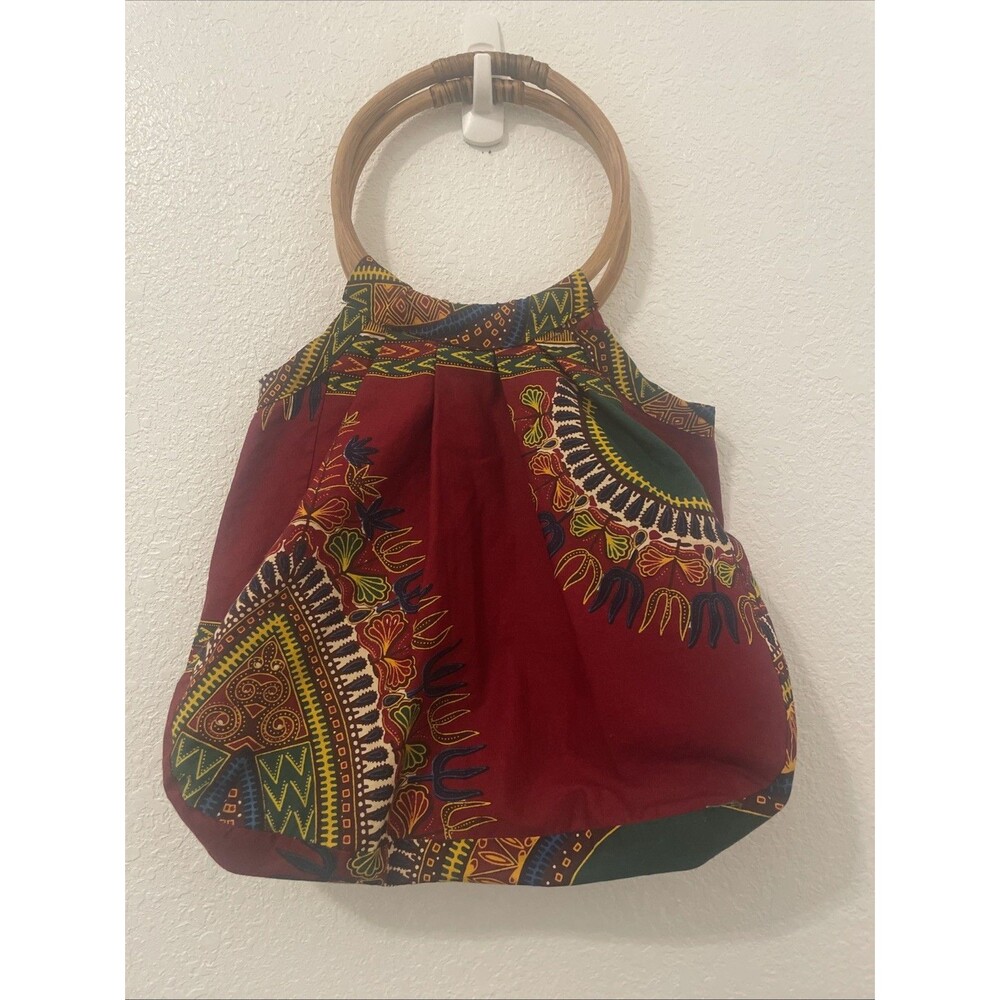 Fun Fabric handbag Tote Bamboo Handles Burgundy Fall Colors Purse Shopper See
